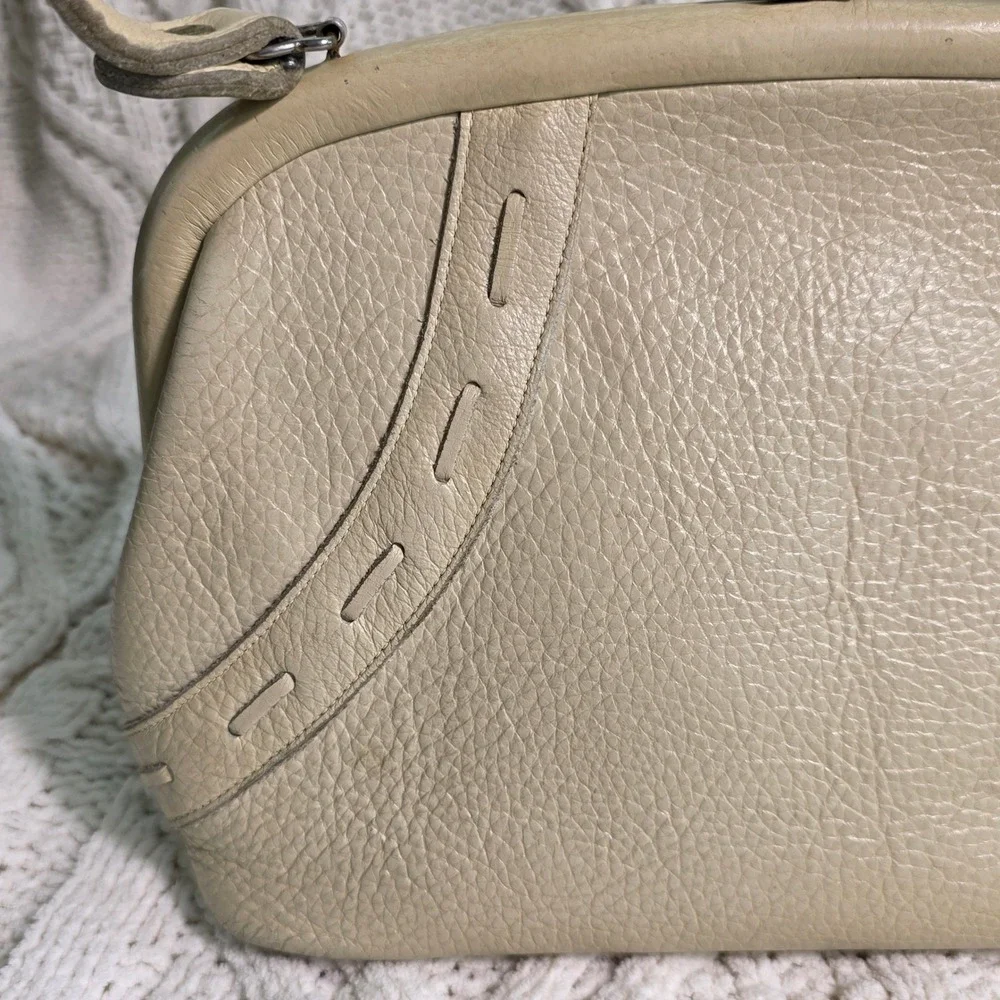 Vintage‎ Kiss Lock Handbag Cream Leather Frame Clutch Purse 50s 60s